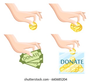 Donate help symbols charity organization flat icons set of food and donation hand abstract isolated vector illustration.