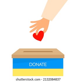 Donate to help Ukraine. The hand throws a heart into the box. No war concept. Flat vector illustration isolated on white background