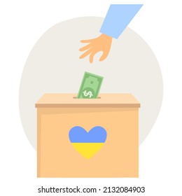 Donate to help Ukraine. The hand throws a dollar into the box. No war concept. Flat vector illustration isolated on white background