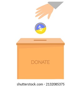 Dona para ayudar a Ucrania. La mano arroja una moneda para la donación. No hay concepto de guerra. Ilustración vectorial plana aislada en fondo blanco