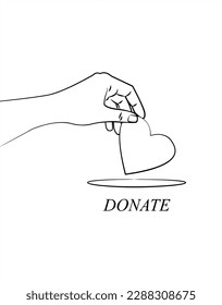 Donate. A helping hand. Icon for charity. Vector black and white illustration. Heart.