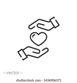 donate icon, hands support heart, line symbol on white background - editable stroke vector illustration eps10