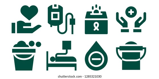  donate icon set. 8 filled donate icons. Simple modern icons about  - Bucket, Donation, Blood donation, Blood bag, Blood