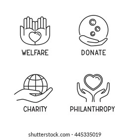 Donate Icon Set. Charity / Philanthropy / Welfare Signs. Children Fundraiser Logo. Blood / Food / Money Donation Service. Vector Illustration.