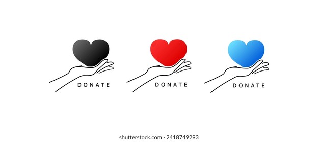Donate icon set. Heart in palm. Flat style. Vector icon