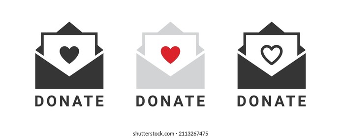 Donate Icons. Charity Icon Envelope With A Heart. Donations Related Signs. Vector Illustration