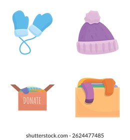 Donate icons set cartoon vector. Cardboard box full of different thing. Social care concept