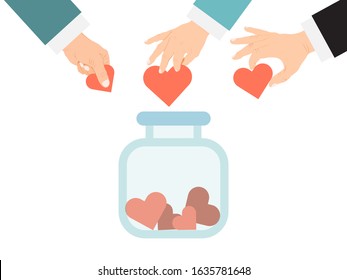 Donate jar with love hearts concept.  Valentine Day vector illustration. People hands donating heart in jars. Give and share your love