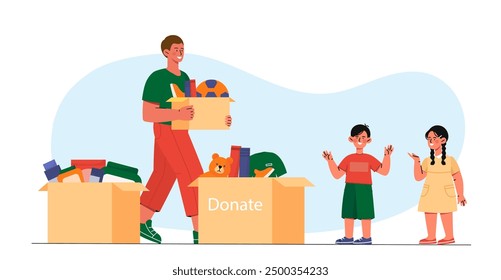 Donate for kids. Man gives box of toys and clothes to boy and girl. Charity, generosity and kindness. Charitable foundation volunteer. Flat vector illustration isolated on white background