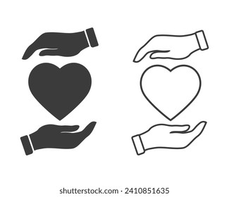Donate lien icon set, hands support heart, line symbol on white background - editable stroke vector illustration