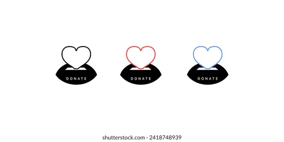 Donate lips icons. Heart in lips donate button. Linear and silhouette style. Vector icon