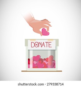 donen por amor. la mano humana toma el corazón en caja de donaciones con corazones llenos. concepto de amor y cuidado - ilustración vectorial