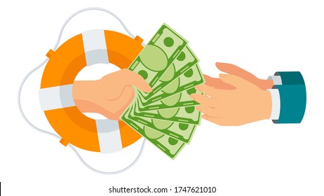 Donate money. Cash assistance. Hands from lifebuoy reach wad of money. Rich man hands money to poor, needy. Charity, patronage and sponsorship. Flat vector cartoon illustration.