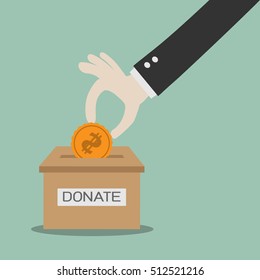 Donate Money And Charity Concept Man Throws Gold Coin In A Box For Donations Hand Donation