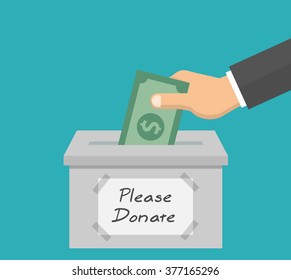 Donate money. Donation concept in flat style - hand putting money in the box.