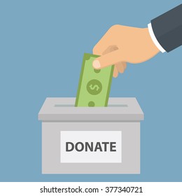 Donate money. Donation concept. Hand putting money bill in the donation box. Flat style