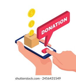 Donate money with a mobile phone. Online payment with smartphone. Charity, donation. Vector illustration isometric design. Isolated on white background.