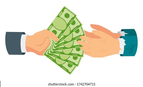 Donate money. Rich man hands money to poor, needy. Charity, patronage and sponsorship. Investment financially in non-profit enterprises and organizations. Flat vector cartoon illustration.