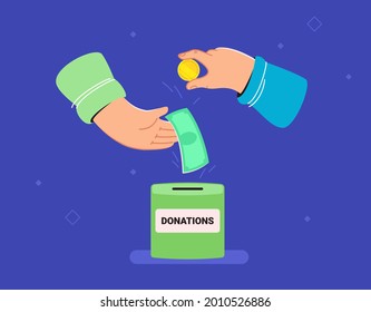 Donate money for saving lives. Flat vector illustration of two human hands holds banknotes and golden coins to put money into a donation box for people in need. Philanthropy and financial donation