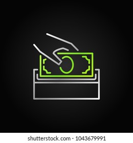 Donate money vector bright icon. Silver donation box sign in thin line style on dark background