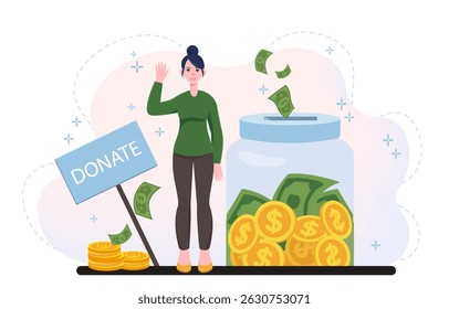 Donate money woman. Young girl near glass jar with coins and banknotes. Volunteer of charitable organization fundraising. Donations and charity. Flat vector illustration