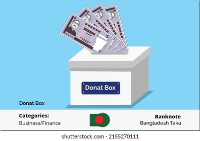 Donate now 05 Bangladesh banknote in donation box.