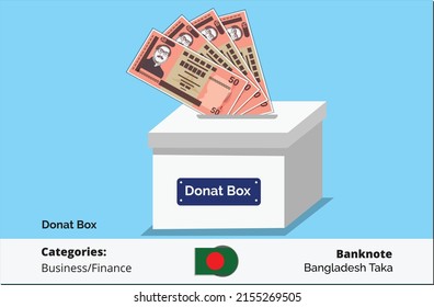 Donate now 50 Bangladesh banknote in donation box.