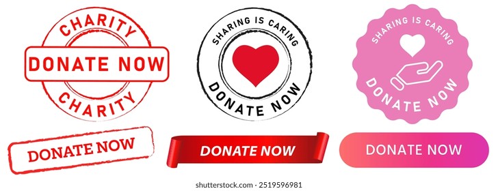 Donate now donation charity people care stamp badge sticker sign label emblem design set collection