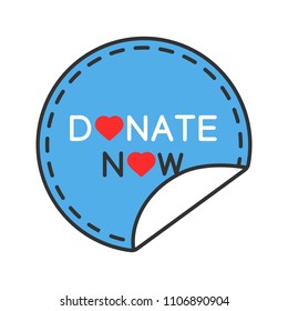 Donate now round sticker color icon. Donation making. Charity sticky label. Isolated vector illustration