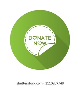 Donate now round sticker flat design long shadow glyph icon. Donation making. Charity sticky label. Vector silhouette illustration