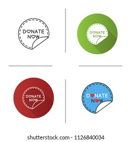 Donate now round sticker icon. Flat design, linear and color styles. Donation making. Charity sticky label. Isolated vector illustrations