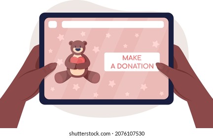 Donate online 2D vector isolated illustration. Contributing to childcare foundation website. Social help. Flat first view hands with tablet on cartoon background. Charity work colourful scene