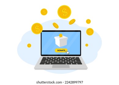 Donate online concept. Falling coins into donation box on a laptop pc display. Charity fundraising concept. Charity project, donation service, fundraising program. Vector illustration