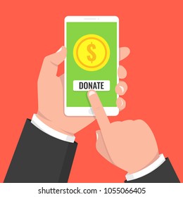 Donate online concept. Hand holding smartphone with gold coin and button on screen. Vector illustration.