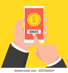 Donate online concept. Hand holding smartphone with gold coin and button on screen. Vector illustration.