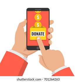 Donate online concept. Hand holding smartphone with gold coins and donate box on screen. Flat vector illustration.