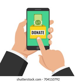 Donate online concept. Hand holding smartphone with dollar money and donate box on screen. Flat vector illustration.