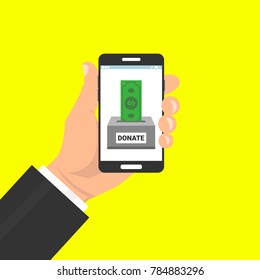 Donate online concept. Hand holding smartphone with dollar money and donate box on screen. Vector illustration.