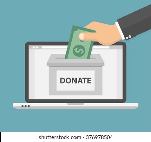 Donate Online Concept. Hand Putting Money Bill In To The Donation Box On A Laptop PC Display. Flat Style