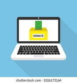 Donate online concept. Laptop with dollar money and donate box on screen. Vector illustration.