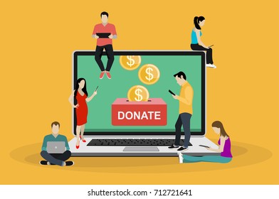 Donate online concept. Laptop with dollar money and donate box on screen. Young people using mobile gadgets such as smarthone, tablet pc and laptop to be donate money.  Flat vector illustration.
