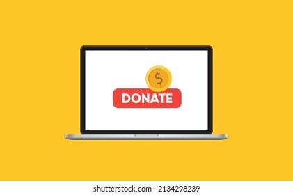 Donate online concept. Laptop with gold coin and button on the screen.