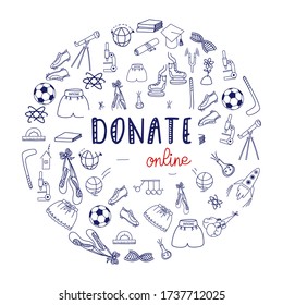 Donate Online doodle vector concept. Education charity and gratitude illustration. Donate clothes for people in need. Making donations online. Giving scholarships for people of different nationalities