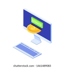 Donate online isometric concept. Desktop with gold coins and key DONATE.