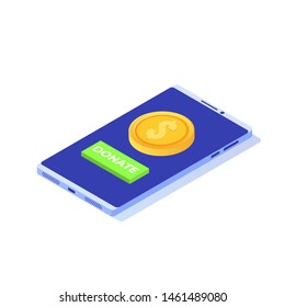 Donate online isometric concept. Smartphone with gold coins and key DONATE.