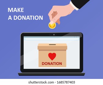Donate online payments. Hand insert money gold coin in to the donation box on a laptop PC display. Charity fundraising concept. Vector illustration isolated