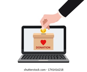 Donate online payments. Hand insert money gold coin in to the donation box on a laptop PC display. Charity fundraising concept. Vector illustration isolated