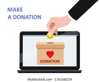 Donate online payments. Hand insert money gold coin in to the donation box on a laptop PC display. Charity fundraising concept. Vector illustration isolated
