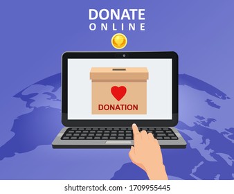 Spenden Sie online Zahlungen. Hand lassen Sie Geld Gold Geldspendenbox auf einem Laptop-PC auf Earth-Hintergrund. Konzept der Spendenbeschaffung durch Wohltätigkeitsorganisationen. Vektorillustration einzeln