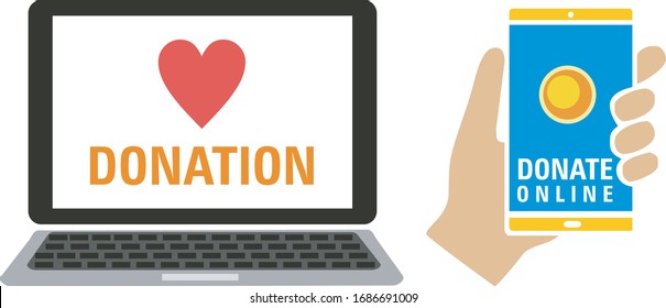 Dona pagos en línea. Haga una donación en un ordenador portátil y en una pantalla móvil. Concepto de recaudación de fondos de caridad. Ilustración de vectores aislada